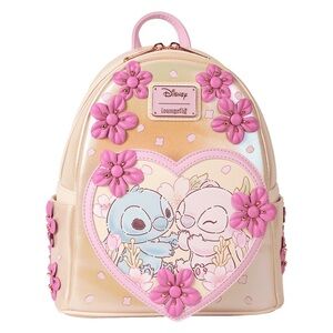 Loungefly Stitch & Angel Cherry Blossom Heart Mini Backpack New With Tag